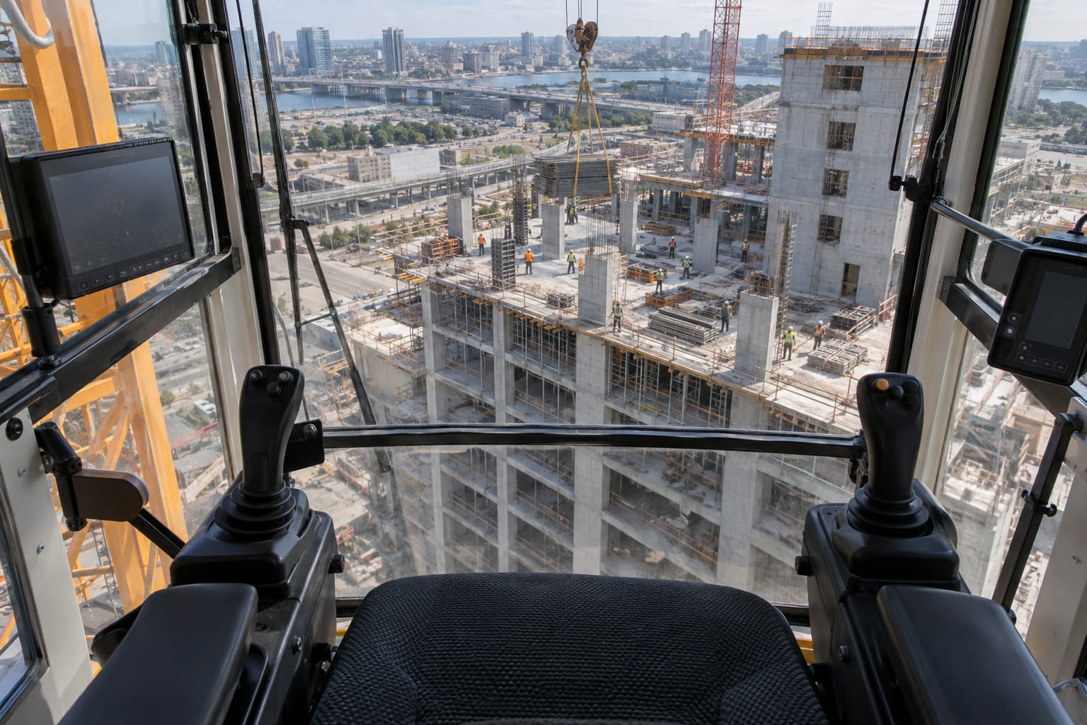 מבט מתוך תא עגורן צריח אל אתר בנייה רב-קומות